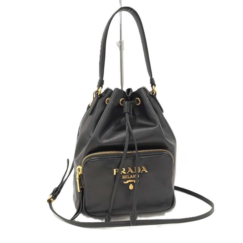 PRADA Duet Drawstring Shoulder Bag Leather Black